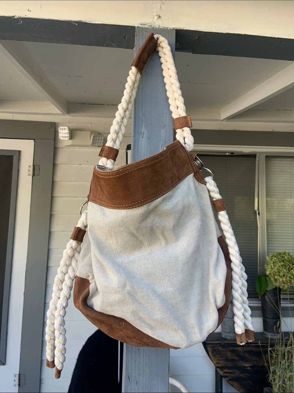 Canvas and Suede Hobo Bag with Braided Rope Straps - Cream and Brown